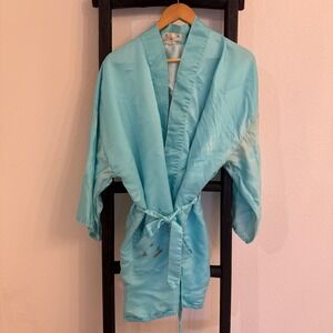 Vintage 70s Silk Robe Embroidered Asian Dragon Aqua Blue Kimono Style